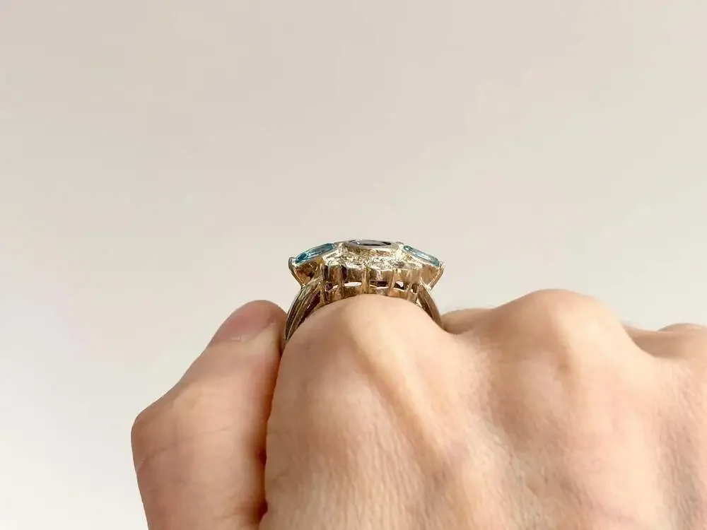 Clear & Blue Topaz Scalloped Multi Gemstone Sterling Silver 925 Vintage Ring - s